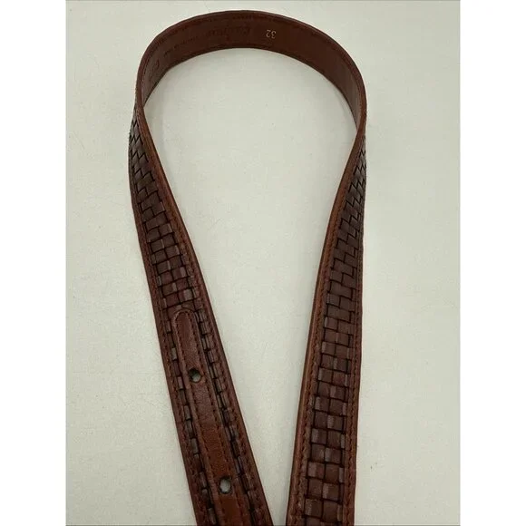 Cole Haan Brown Leather Belt Basket Weave Mens 32 Made USA 1" Brass Buckle - Picture 4 of 7